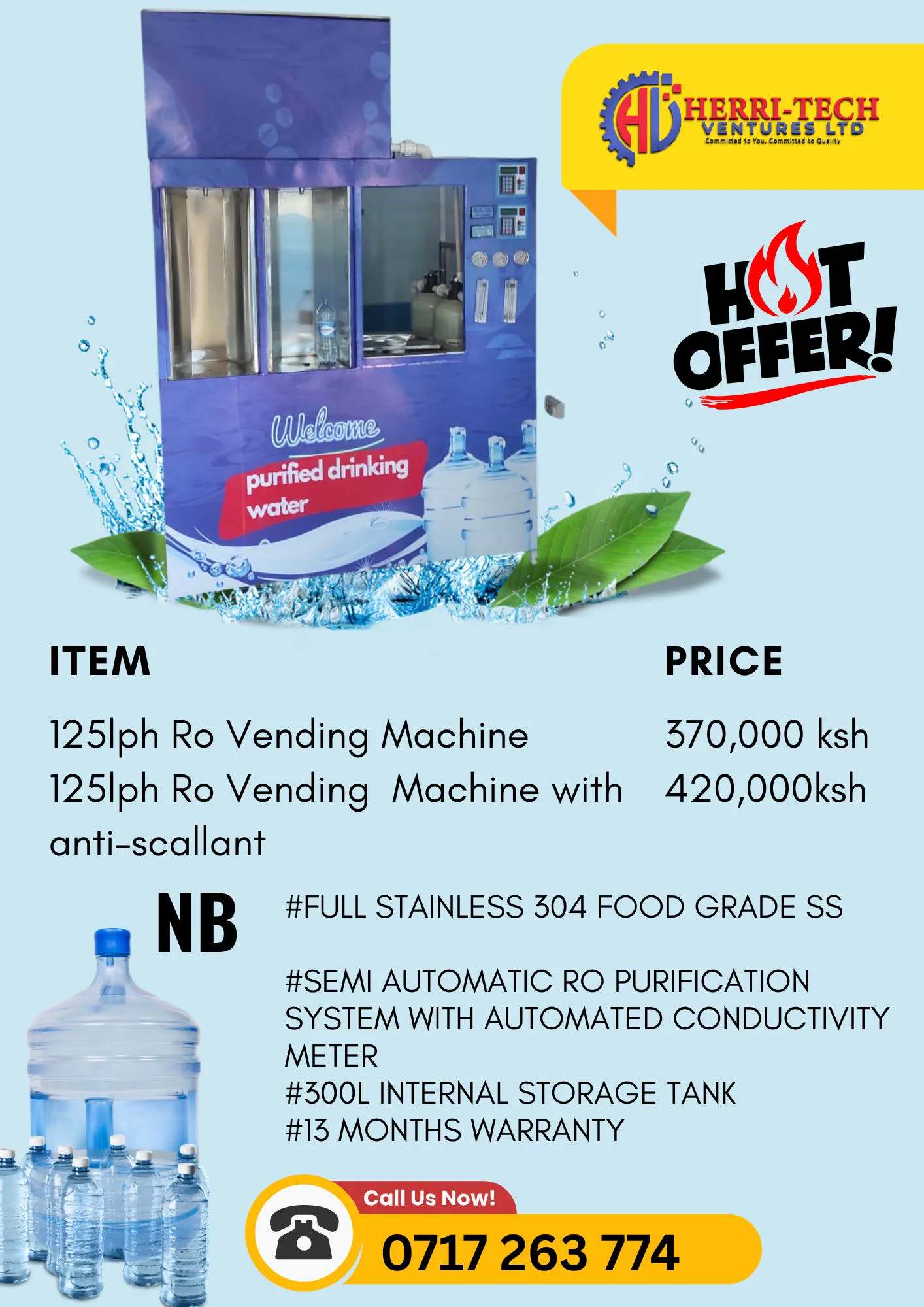 H-Tech RO Vending Station 125 LPH with Antiscalant